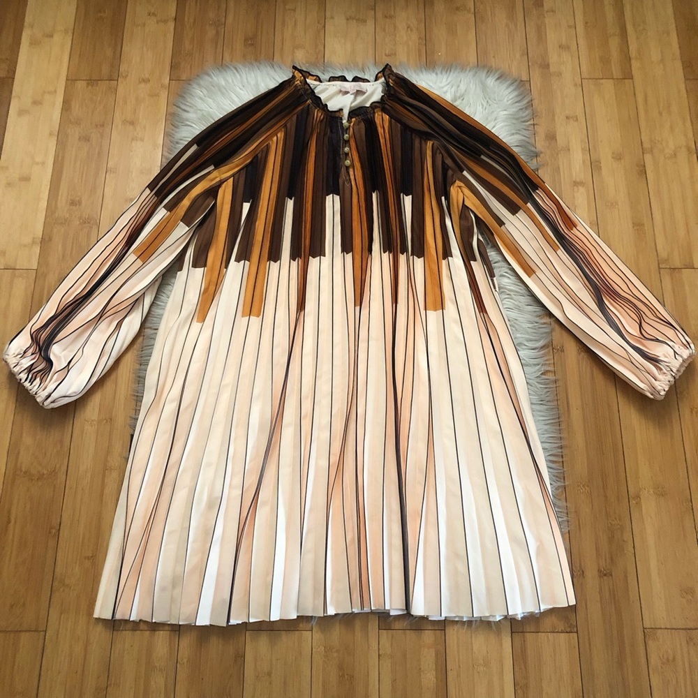 Vintage Ciebon Piano Pleated Stripes Colorblock Long Sleeve Brown Cream Dress XL